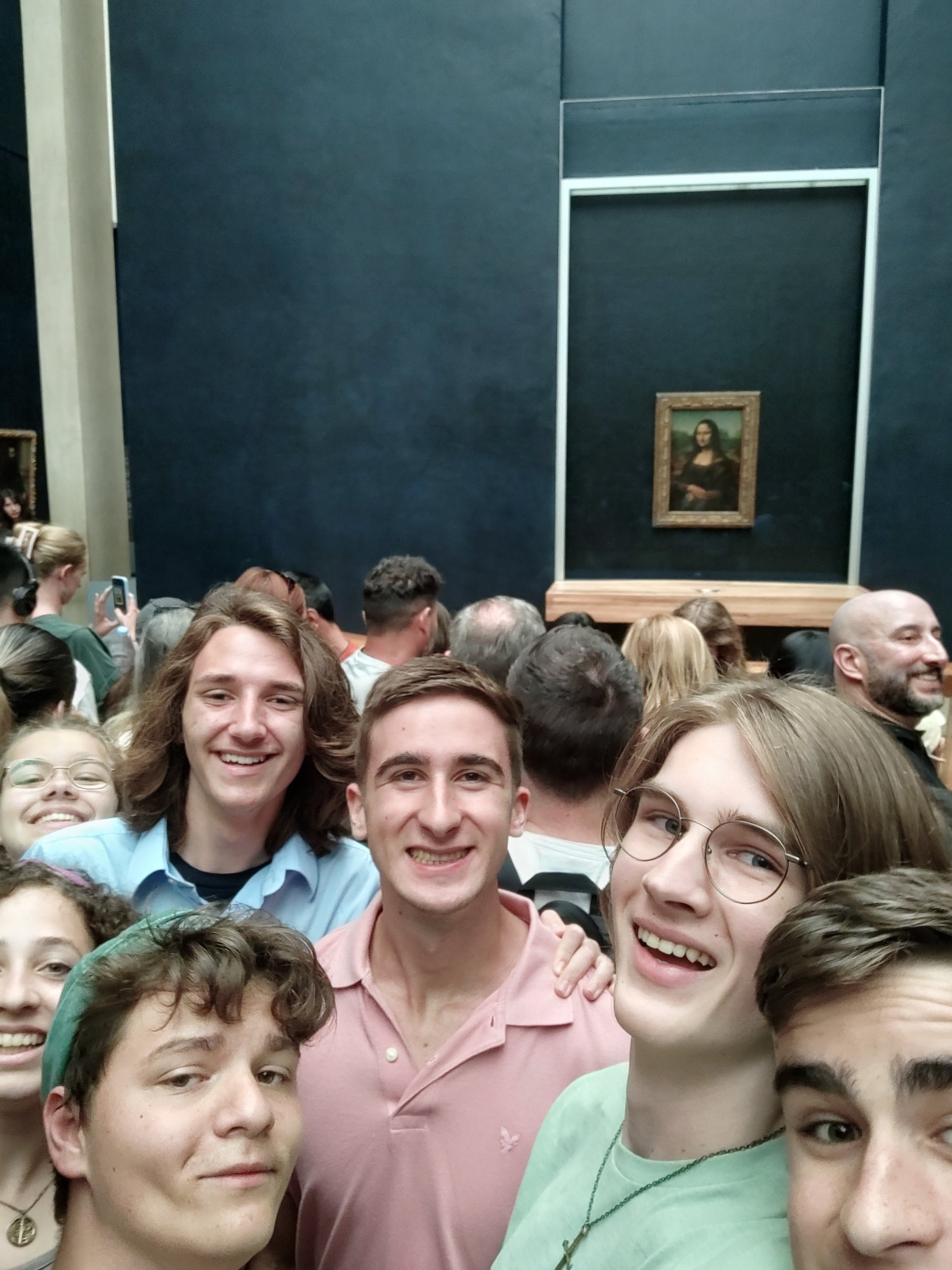Highlands Youth Ensemble Allied Voices Tour France Louvre, Connery Gearing, Isaac Alford, Christopher Preshong, Timothy Preshong, Zen Moser, Isabella Setian, Katherine Johnson, Mona Lisa